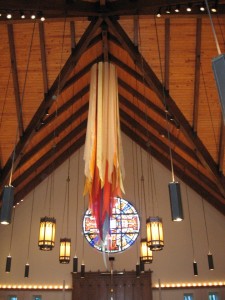 The hanging for Pentecost, suspended from the peak of our sanctuary, remembers the tongues of flame descending from heaven upon the apostles.